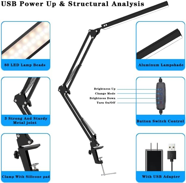 Glotrasol LED Desk Lamp with Clamp, Large Bright Desk Light, Swing Arm Eye Caring Table Lamp, Dimmable Foldable 360 Degree Spin USB Adapter Clip on for Home, Office Work, 3 Color Mode,10 Brightness