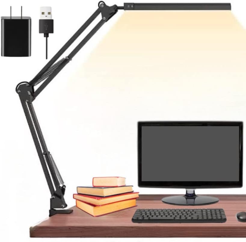 Glotrasol LED Desk Lamp with Clamp, Large Bright Desk Light, Swing Arm Eye Caring Table Lamp, Dimmable Foldable 360 Degree Spin USB Adapter Clip on for Home, Office Work, 3 Color Mode,10 Brightness